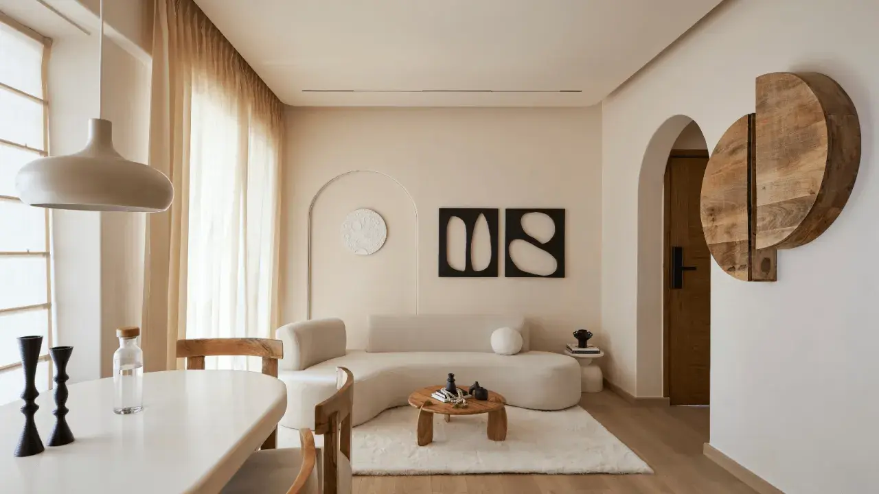 Soggiorno in stile minimalista con divano curvo, tavolino in legno e decorazioni astratte.