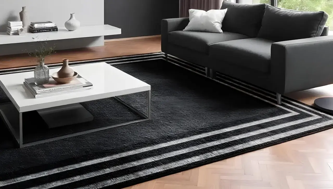 Un elegante soggiorno con un divano grigio e un tavolino bianco. Il pavimento è coperto da un tappeto nero con strisce bianche, perfetto per accostare due tappeti e creare un ambiente moderno.