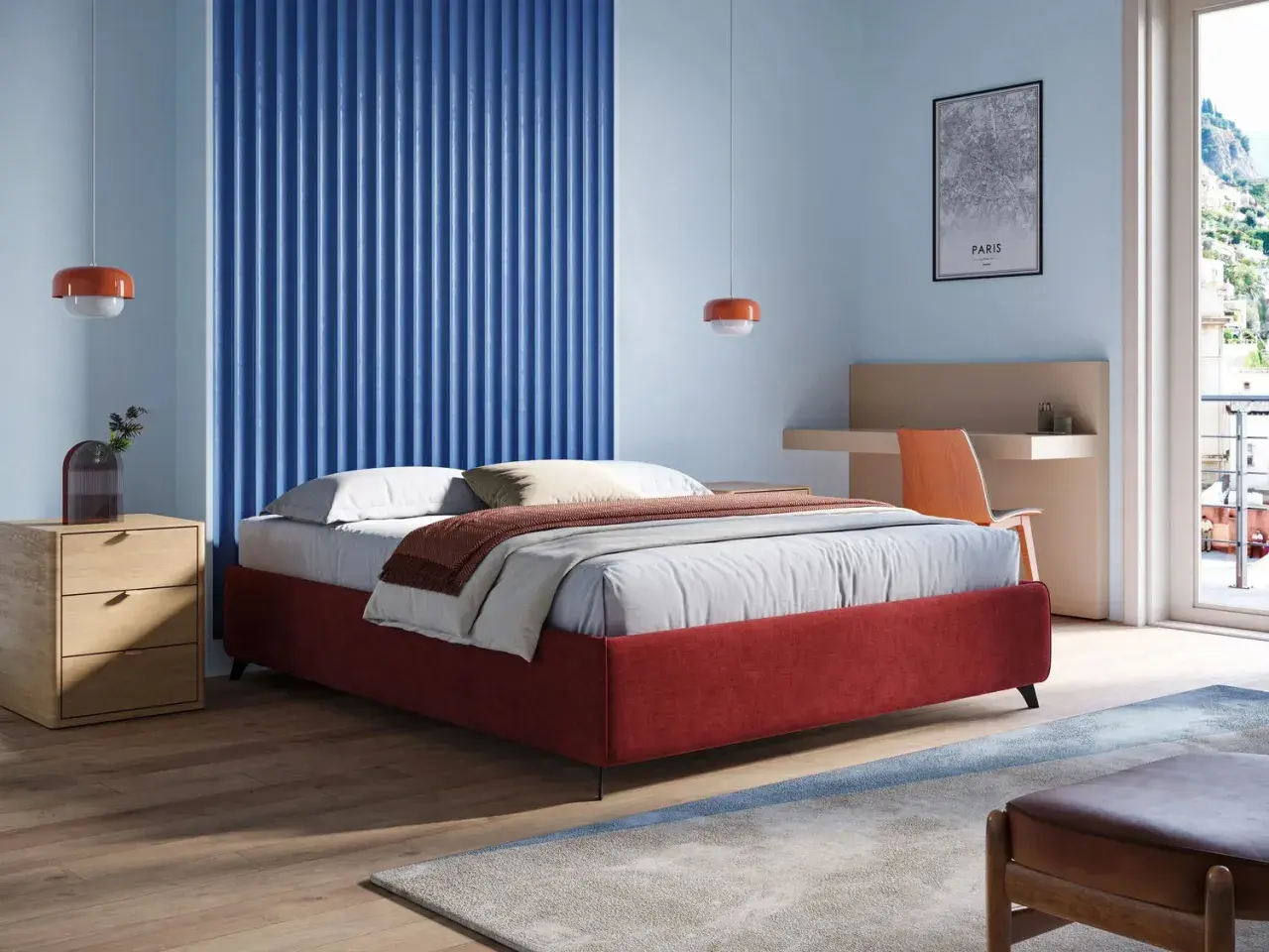 Un letto sommier rosso, con comodino in legno e parete blu a coste. Un'idea di design moderno per la camera.