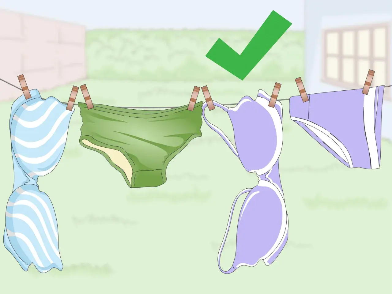 Biancheria intima appesa ad asciugare dopo il lavaggio in lavatrice. Un segno di spunta verde indica che è stato fatto correttamente.