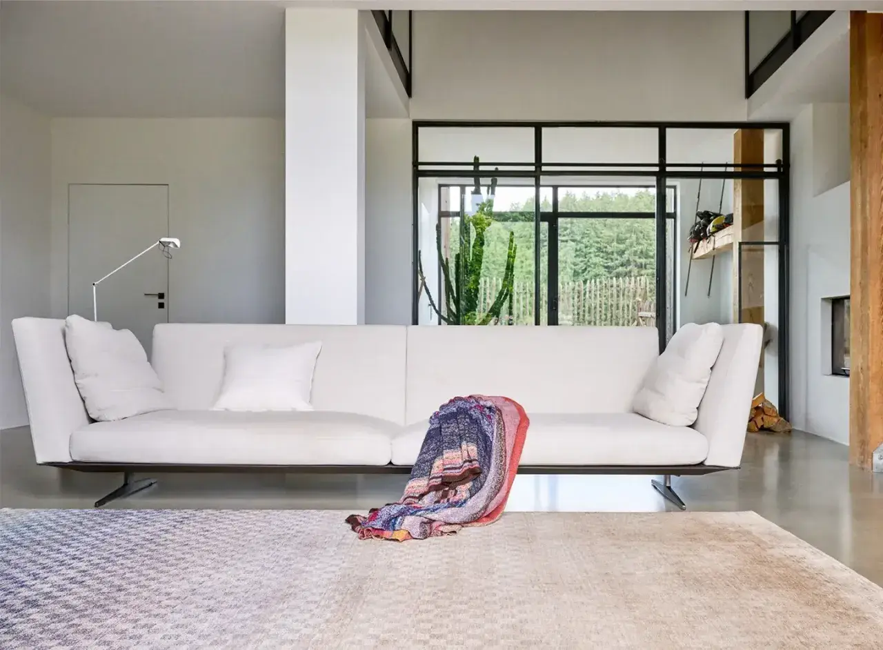 Divano bianco moderno, un plaid colorato appoggiato sopra, tappeti geometrici e un grande cactus dietro la vetrata. Design Jan Kath.