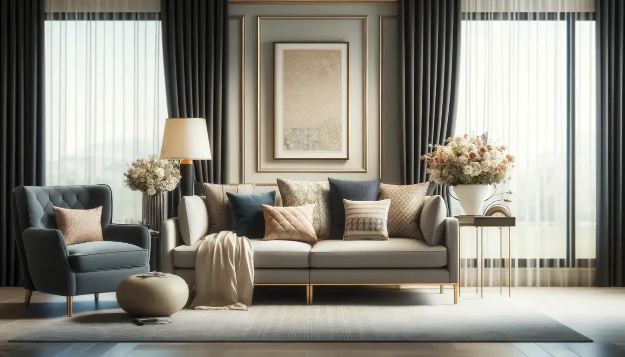 Un elegante divano beige con cuscini abbinati, un poltroncina grigia e un tavolino dorato creano un'atmosfera accogliente.
