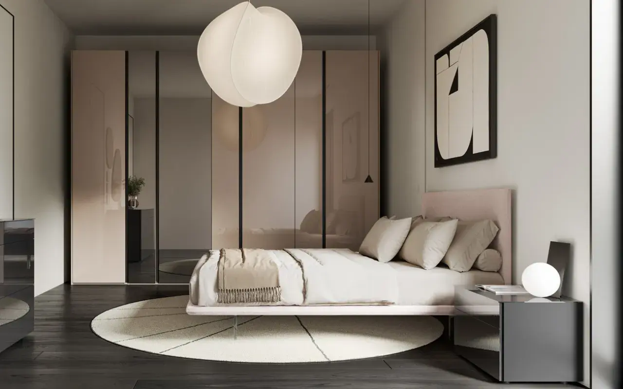Camera da letto con letto rosa, armadio a specchio e lampada a sospensione. Idee per appartamenti moderni.