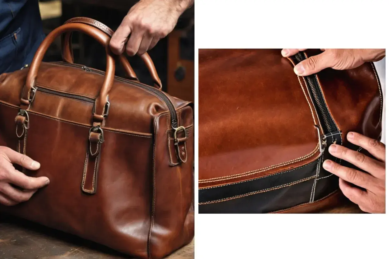 Mani che toccano una borsa in pelle marrone, evidenziando la texture e la cucitura. Si nota un piccolo buco sulla pelle vicino alla cerniera.