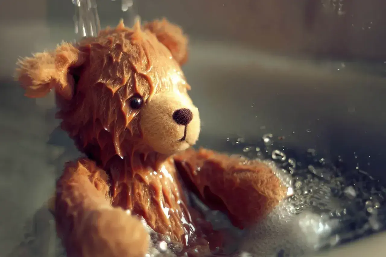 Orsetto di peluche bagnato, con gocce d'acqua che scendono. Una scena che ricorda come lavare i peluche in lavatrice per farli tornare come nuovi.