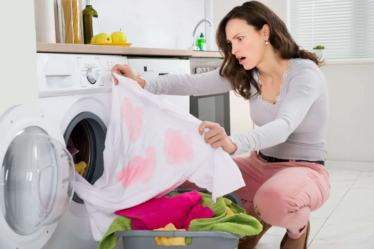 Donna scopre con orrore macchie rosse su un capo bianco appena lavato, un classico problema di come eliminare le macchie da trasferimento di colore rosso.