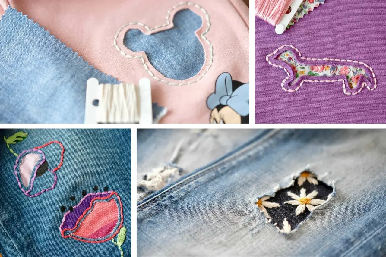 Patchwork creativo per imparare come rammendare un buco con stile: topolino, bassotto e fiori ricamati su jeans e tessuti colorati.