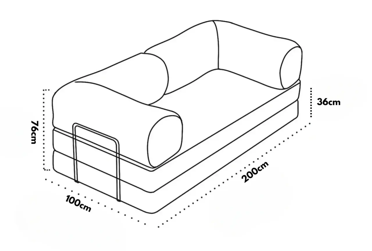 Schema di un divano con indicazioni sulle dimensioni: altezza 76cm, larghezza 100cm, profondità 200cm, altezza seduta 36cm.