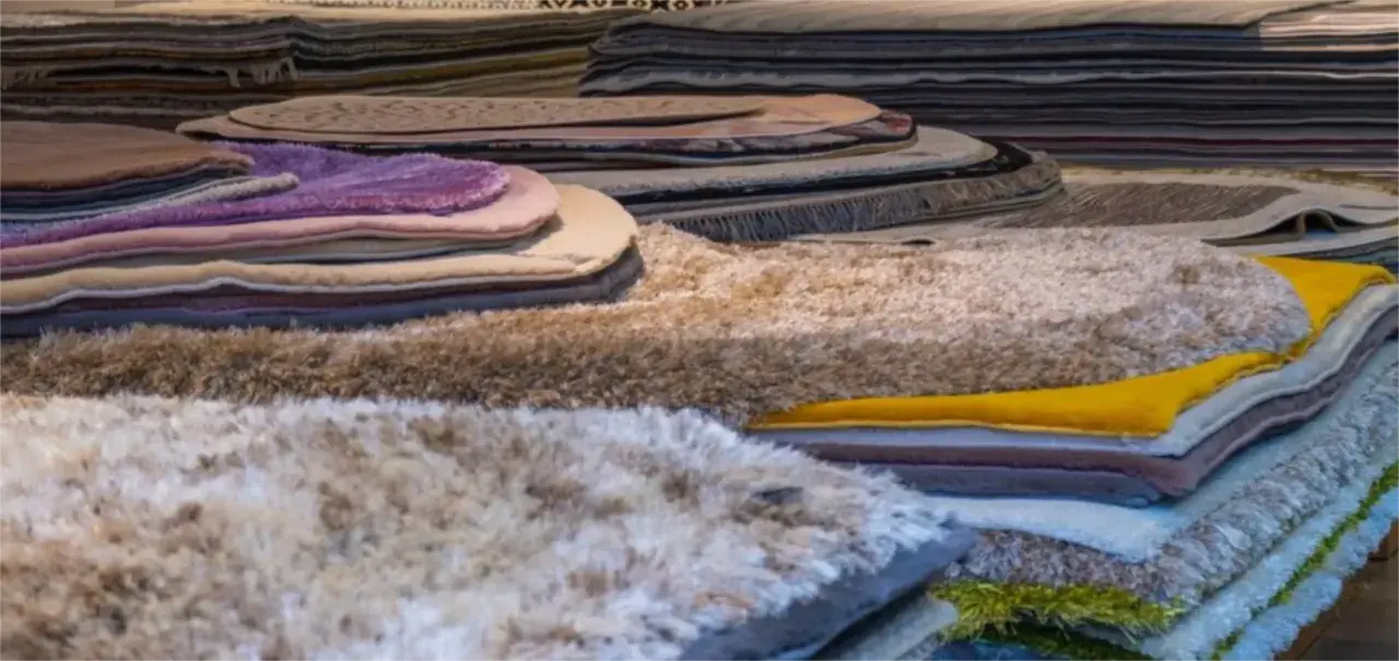 Pile di tappeti morbidi e colorati, tra cui un tappeto seta che brilla.