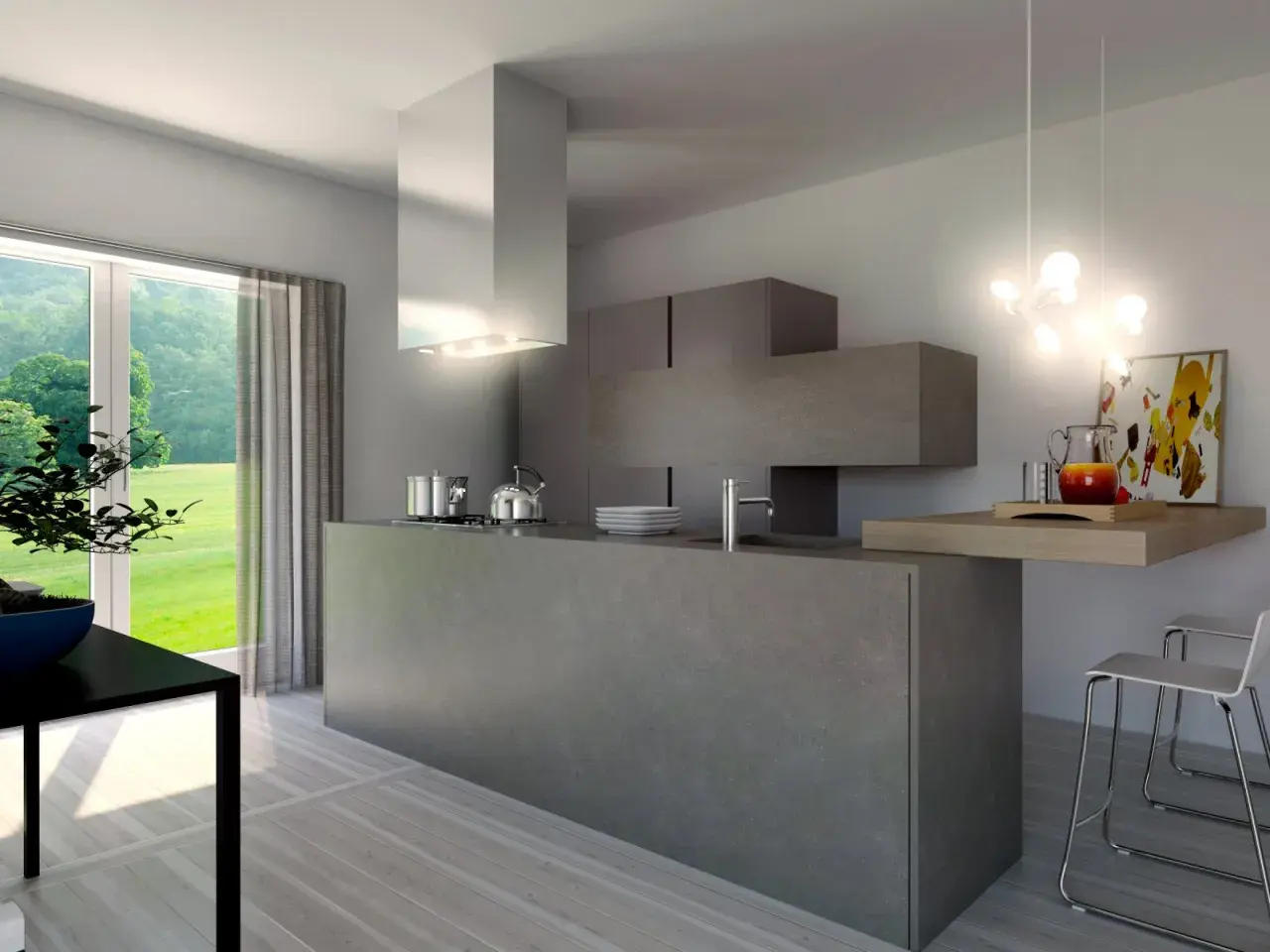 Cucina moderna con isola centrale in **resina dietro cucina**, pensili a scomparsa e vista sul verde.