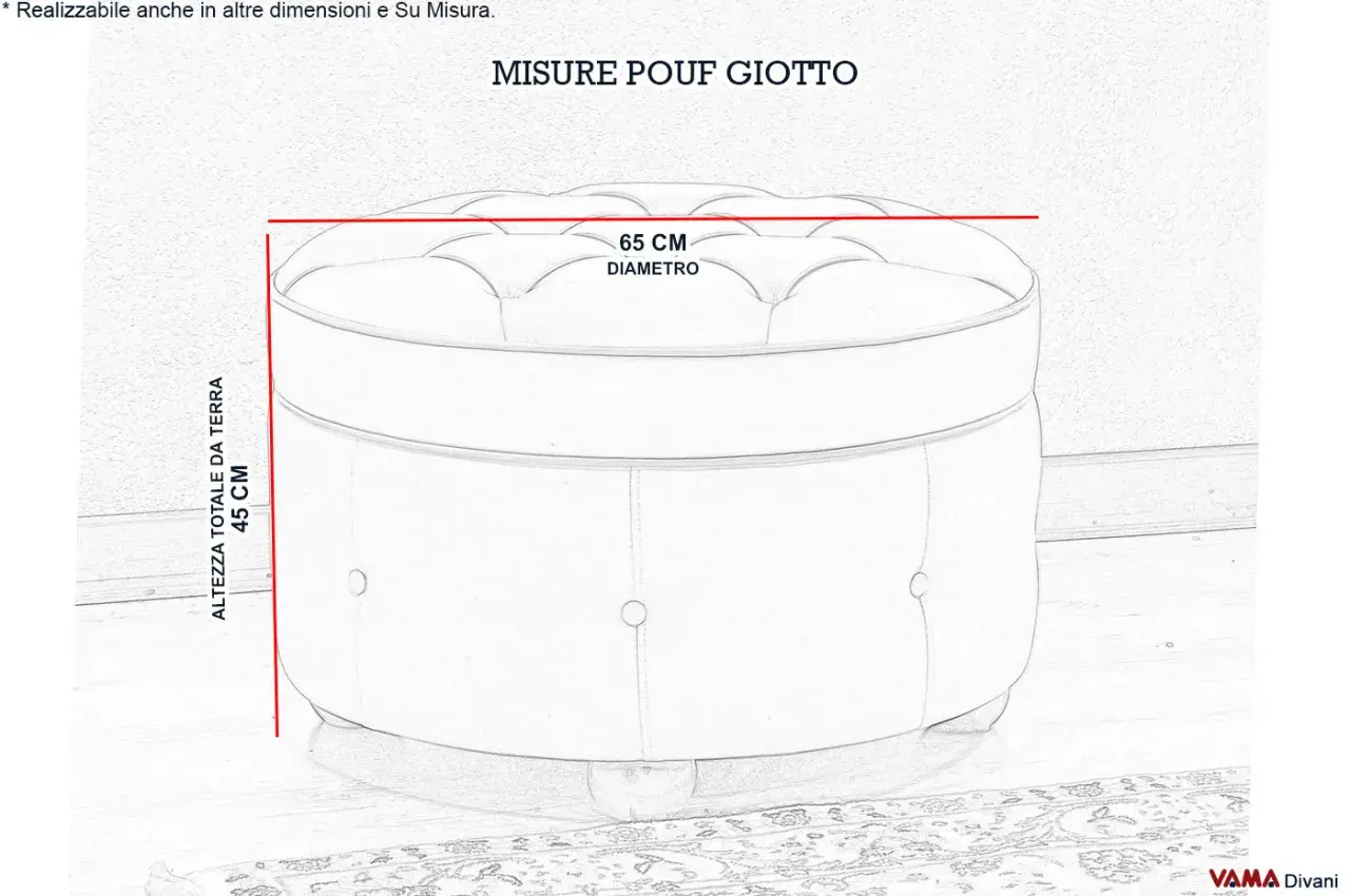 Pouf Giotto con altezza totale da terra 45 cm e diametro 65 cm.