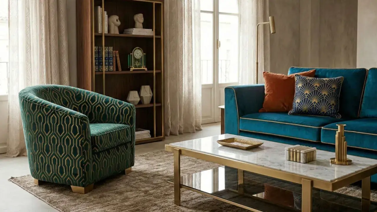 Poltrona verde con motivo geometrico dorato, che ricorda come si fa il velluto. Divano blu, tavolino in marmo e libreria completano l'arredamento.