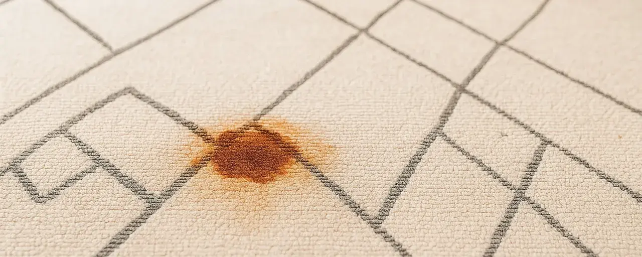 Macchie di ruggine su un tappeto beige con motivo a rombi grigi.