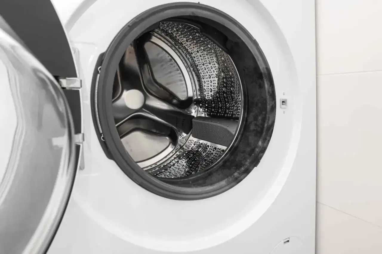 Tamburo di una lavatrice con guarnizione sporca. Scopri come disinfettare la lavatrice per un bucato fresco e igienico.