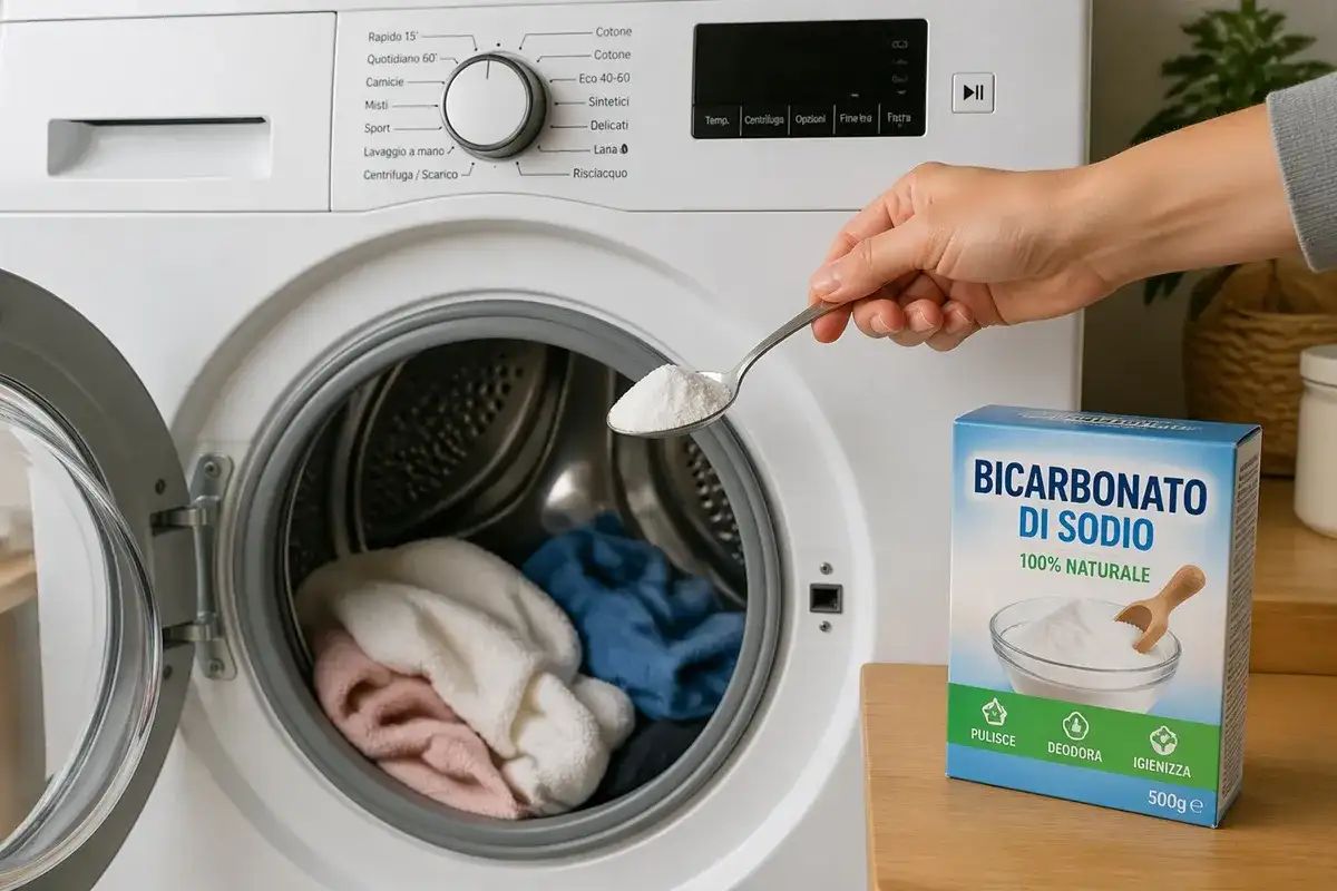 Mano aggiunge bicarbonato di sodio alla lavatrice per disinfettare e deodorare.