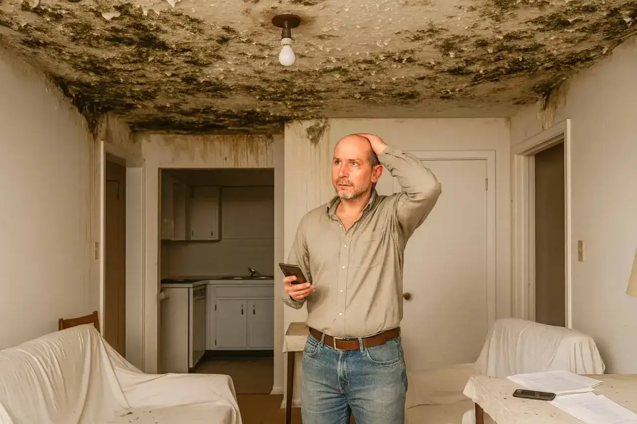 Uomo preoccupato guarda il soffitto invaso dalla muffa, pensando alla pulizia necessaria.