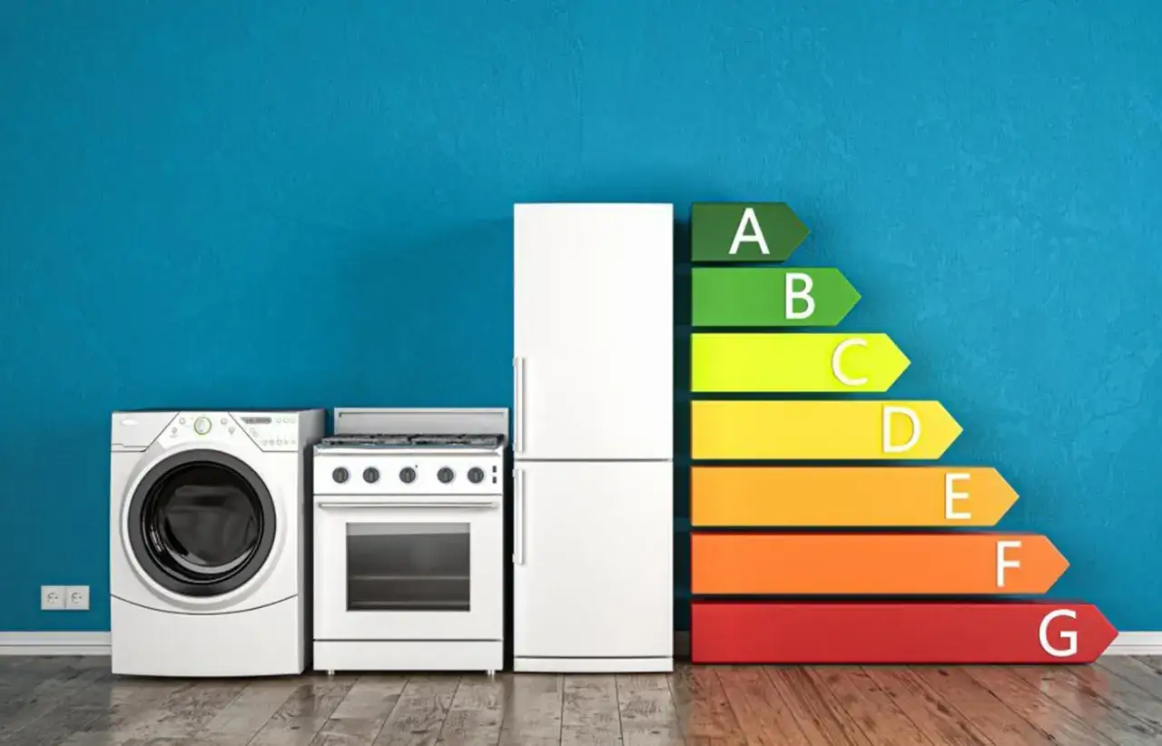 Lavatrice, forno e frigorifero accanto a una scala colorata che indica le classi energetiche. La scala va da A (verde) a G (rosso), utile per scegliere elettrodomestici efficienti.