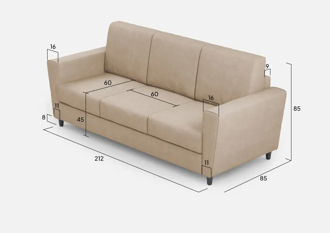 Divano 3 posti beige con misure indicate: lunghezza 212 cm, altezza 85 cm, profondit&agrave; seduta 60 cm.