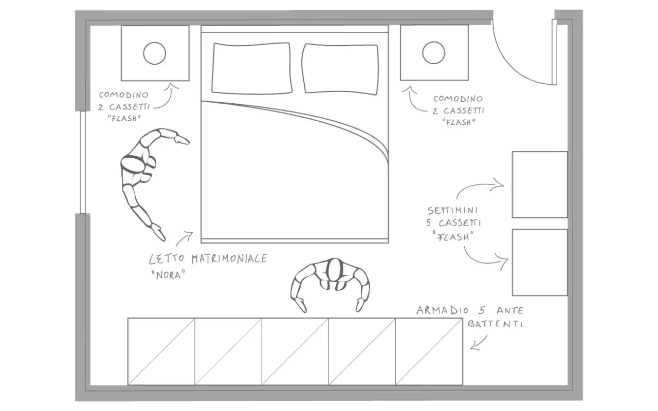 Disegno di una camera da letto con letto matrimoniale, comodini, settimanile e armadio. Le misure del letto matrimoniale sono indicate.