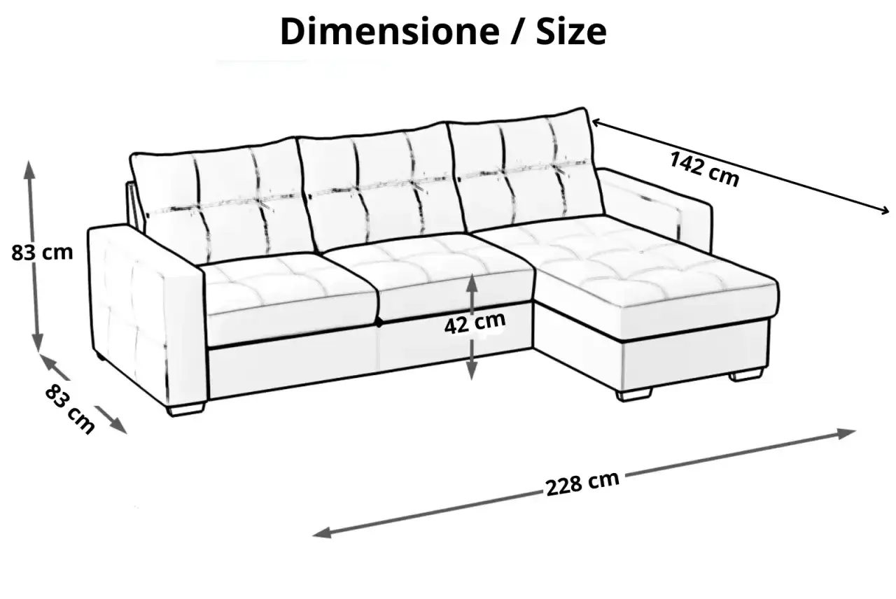 Disegno di un divano angolare con indicazioni sulle dimensioni: altezza 83 cm, profondità seduta 42 cm, lunghezza totale 228 cm e profondità chaise longue 142 cm.