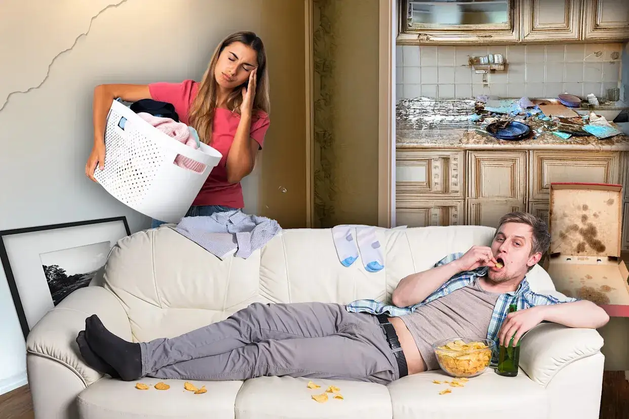 Donna esausta con cesto di panni, mentre un uomo &egrave; sdraiato sul divano, intento a mangiare patatine. La cucina sullo sfondo &egrave; in disordine.