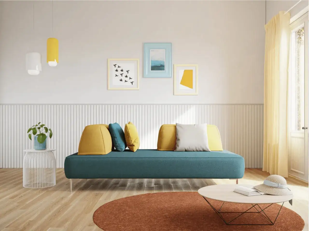 Divano moderno con cuscini colorati, ideale per chi cerca soluzioni per lavare divano sfoderabile poltrone e sofà.
