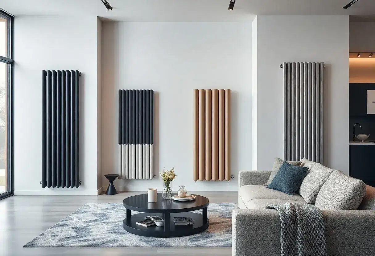 Come arredare parete con termosifone: radiatori verticali moderni in diverse finiture, dal grigio antracite al color sabbia, creano un punto focale di design.