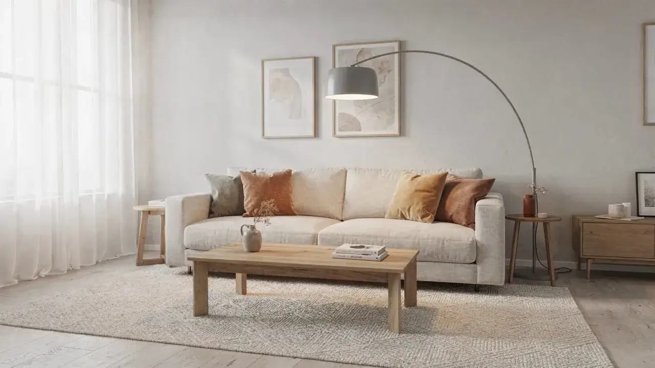 Un accogliente salotto con divano beige, cuscini color terra e un tavolino in legno. Perfetto per grandi salotti.