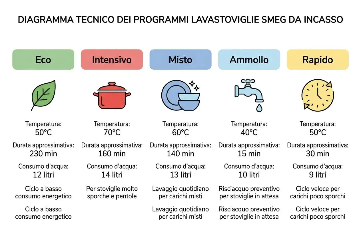 Diagramma programmi lavastoviglie: Eco (12L), Intensivo (14L), Misto (13L), Ammollo (10L), Rapido (9L). Scopri quanta acqua consuma una lavastoviglie per ogni ciclo.