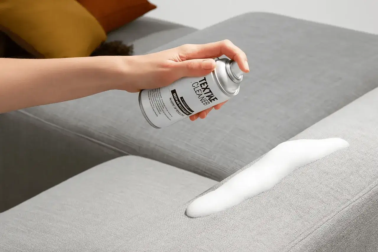 Mano che spruzza schiuma detergente su un divano grigio, un modo efficace per pretrattare le macchie e far tornare come nuovo il tessuto.