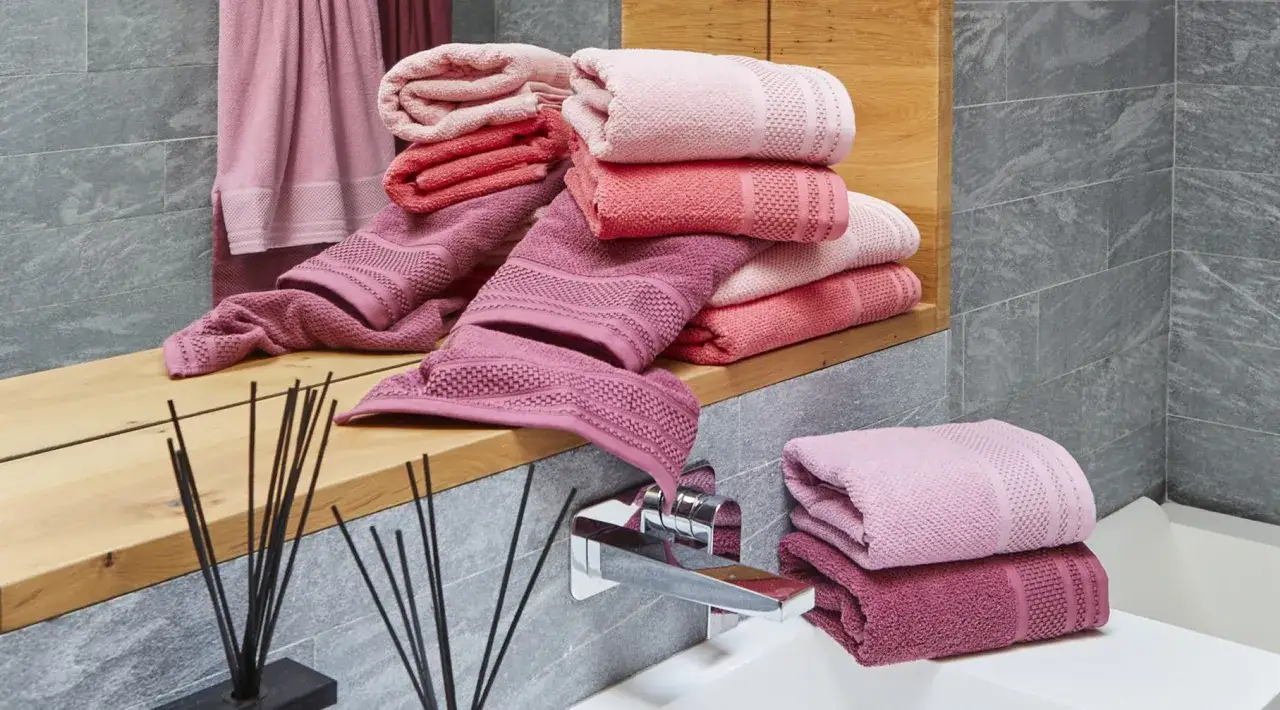 Pile di soffici asciugamani in microfibra rosa e corallo, disposti su una mensola di legno in un bagno moderno con piastrelle grigie.