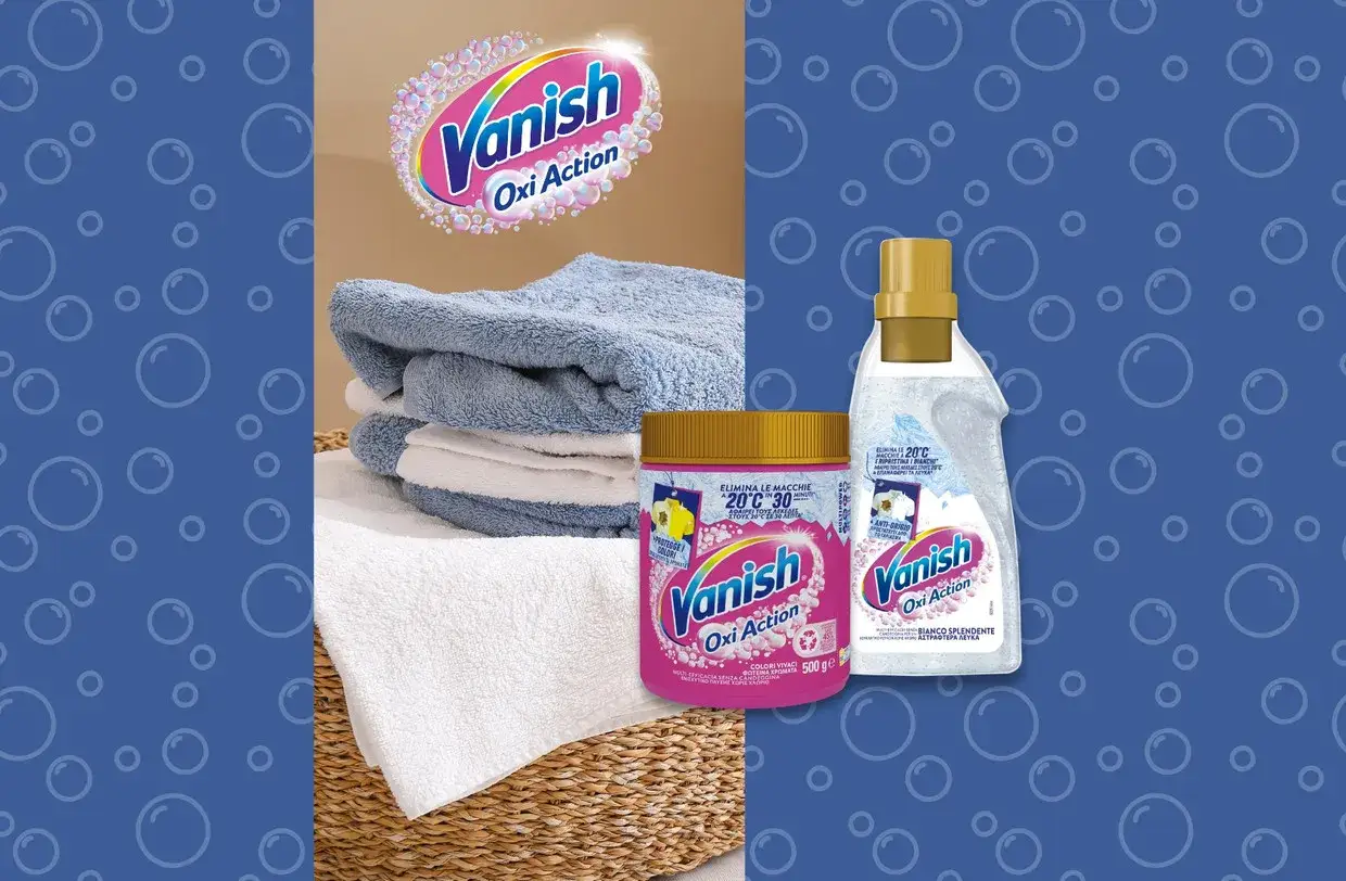 Vanish Oxi Action: scopri come eliminare le macchie da trasferimento di colore blu da tessuti chiari e colorati, con prodotti in polvere e liquido.