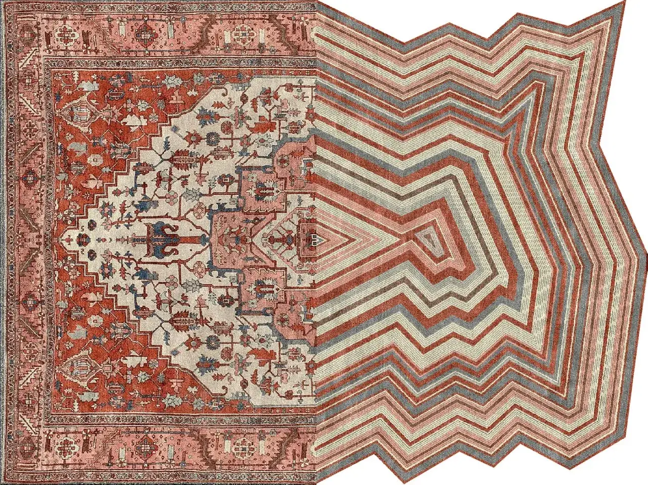Due tappeti famosi: uno tradizionale persiano con motivi floreali e uno moderno a zig-zag con colori tenui.