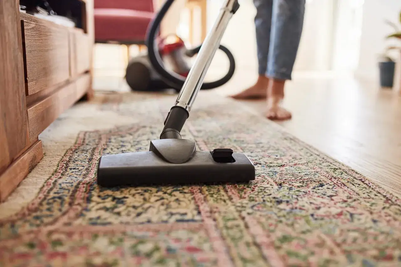 Un aspirapolvere in azione su un tappeto decorato, un modo efficace per capire come pulire i tappeti e mantenere la casa ordinata.