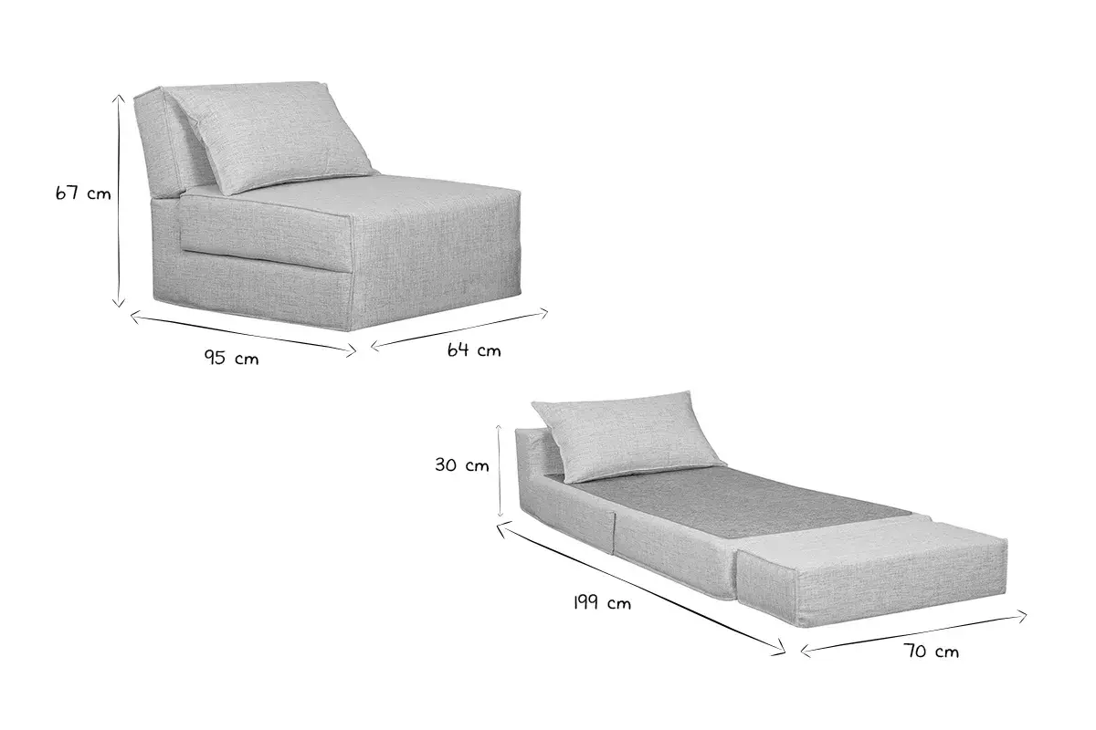 Poltrona letto grigia, chiusa (95x67x64 cm) e aperta (199x30x70 cm).