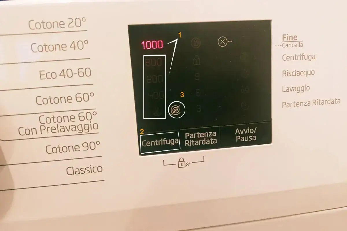 Pannello lavatrice: selezione velocit&agrave; centrifuga (1000, 800, 600, 400 giri) e opzioni programma. Simbolo centrifuga lavatrice evidenziato.