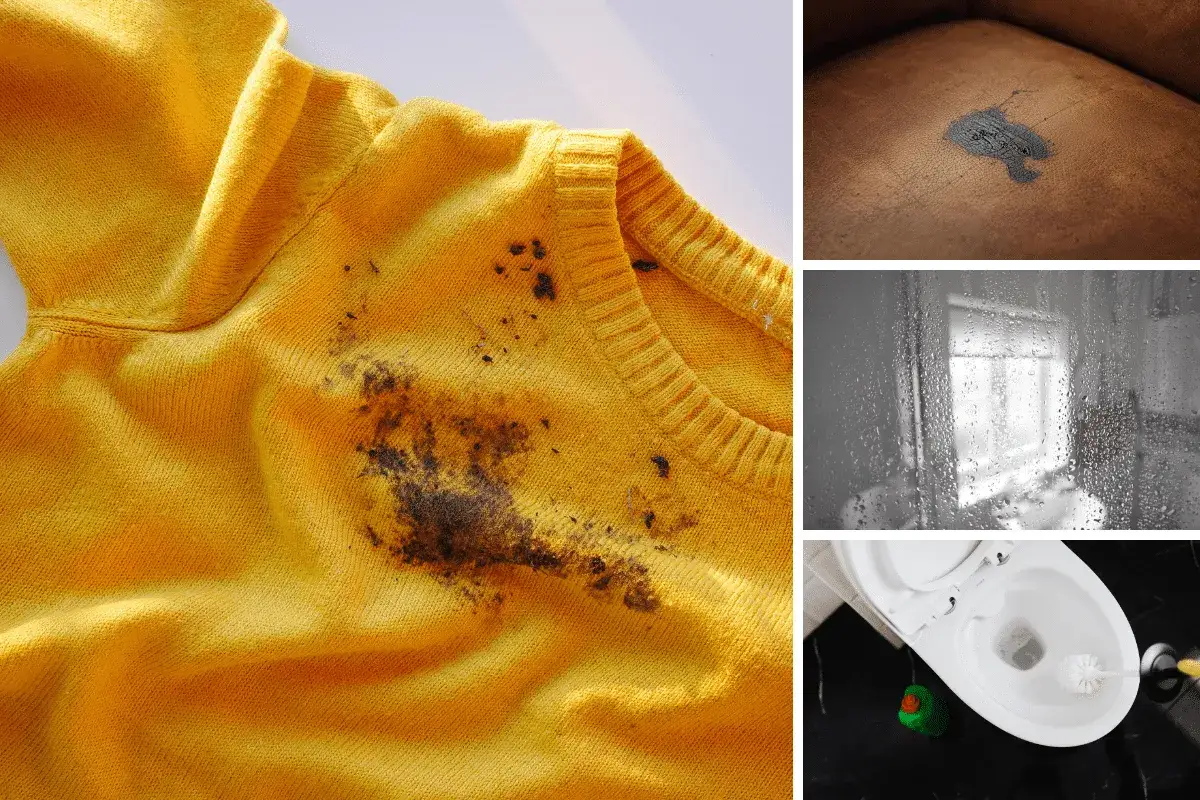 Maglione giallo con macchie scure, forse ruggine. In alto a destra, una macchia su pelle. Sotto, una finestra appannata e un water.