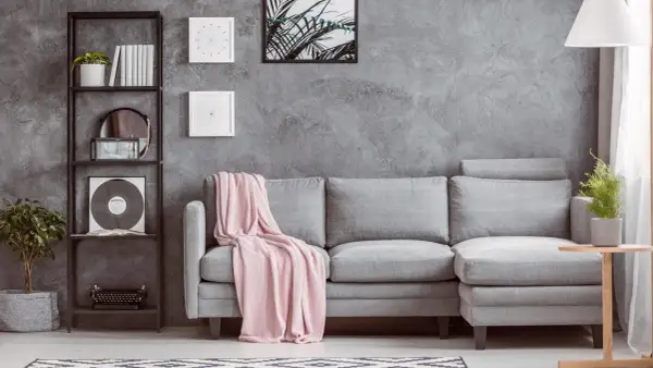 Un divano grigio con coperta rosa, libreria nera con piante e vinile, e un tavolino di legno: idee su cosa mettere vicino al divano per un tocco moderno.