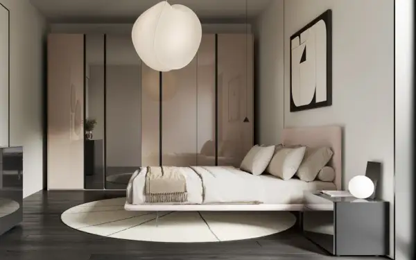 Camera da letto con letto rosa, armadio a specchio e lampada a sospensione. Idee per appartamenti moderni.