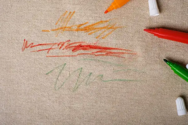 Tracce di pennarelli colorati su tela grezza, con macchie di pennarello secche che raccontano un momento creativo.