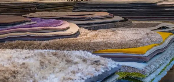 Pile di tappeti morbidi e colorati, tra cui un tappeto seta che brilla.