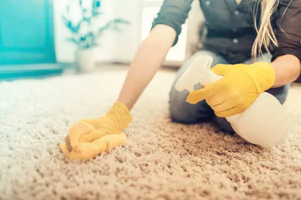 Mani con guanti gialli spruzzano detergente su un tappeto chiaro, mostrando come pulire un tappeto a secco con un panno.