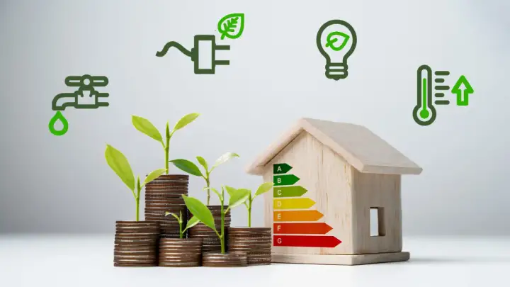 Piccola casa in legno con simboli di risparmio energetico e idrico, monete che crescono come piante, per un futuro di stile di vita sostenibile.